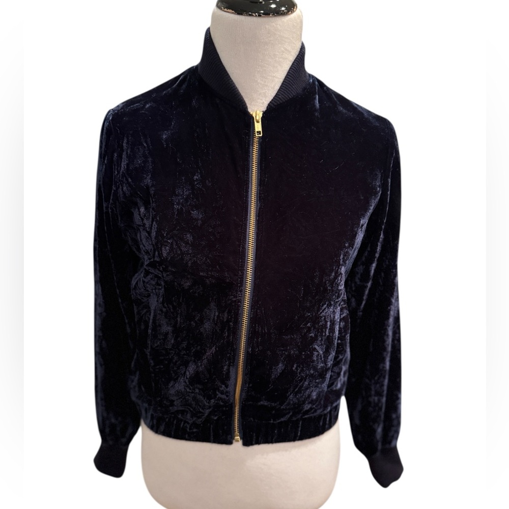 J Crew Mercantile Navy Blue Crushed Velvet Bomber Jacket Women XS Full Zipper